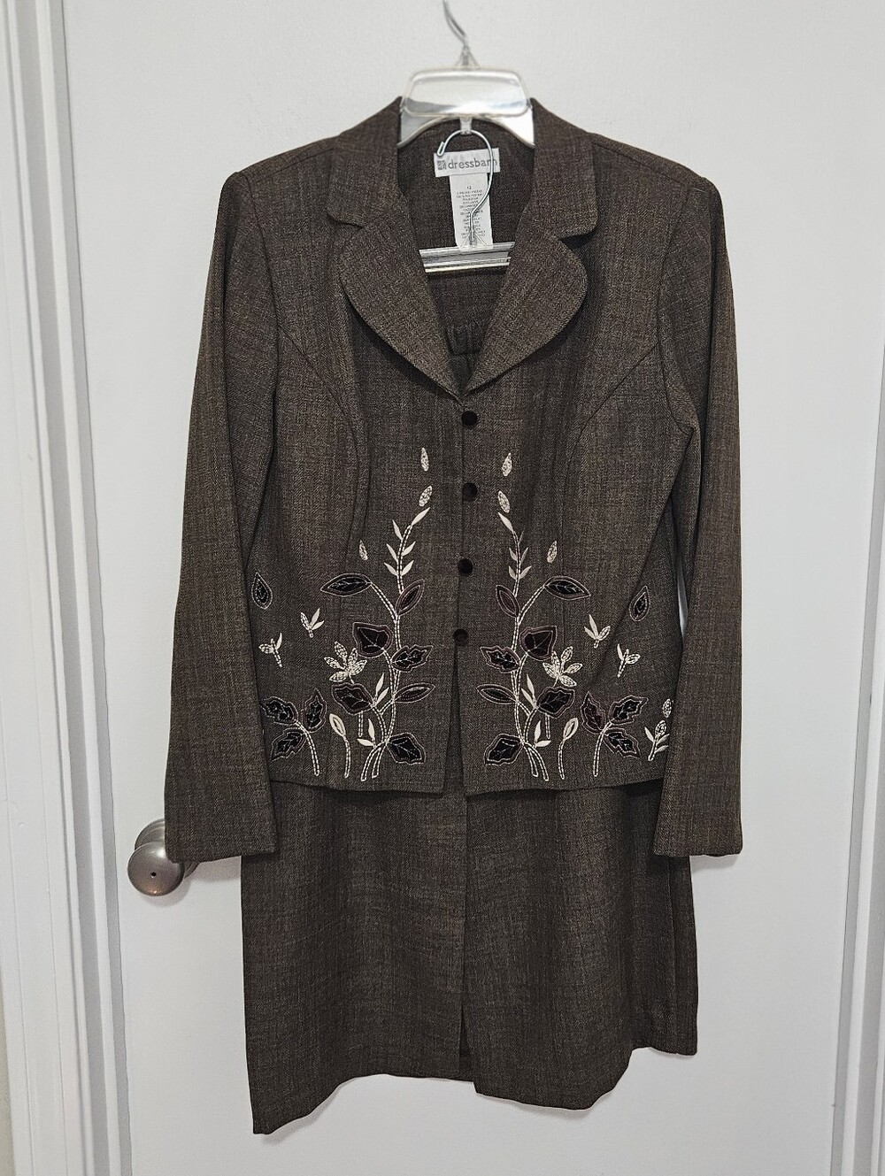 dressbarn 2 Piece Vintage Brown  Embroidered Womens Blazer w/ Skirt Size 12 Suit
